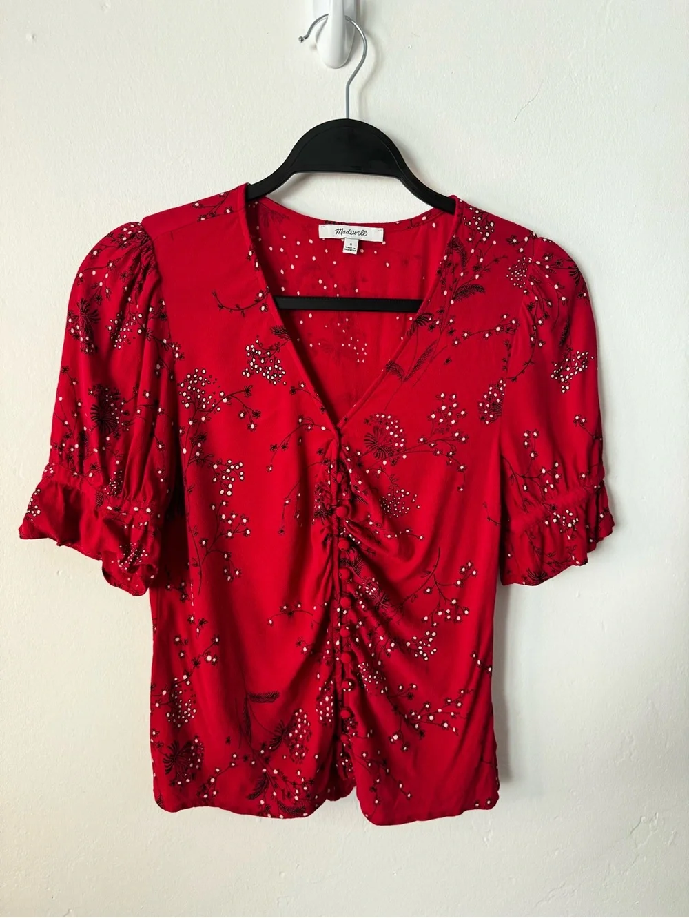 Madewell Red Floral Ruched V-Neck Blouse